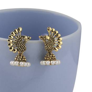 Glitzy Blue Beads In Peacock Shape Jhumki Earrings 4