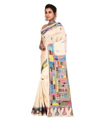 White kantha work art silk saree with blouse 1