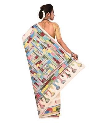 White kantha work art silk saree with blouse 2