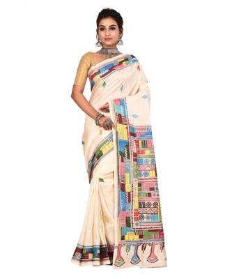 White kantha work art silk saree with blouse 3