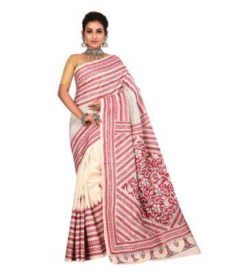 White kantha work art silk saree with blouse 1