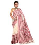 White kantha work art silk saree with blouse