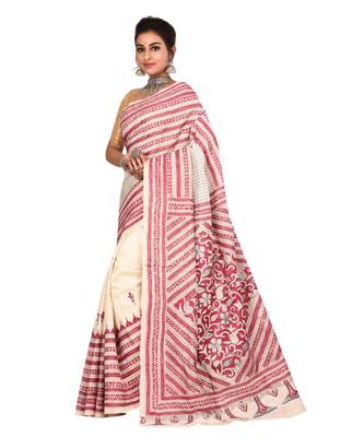 White kantha work art silk saree with blouse 2