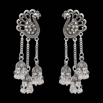 Dazzling Silver Peacock Tassel Jhumki Earrings For Women 3