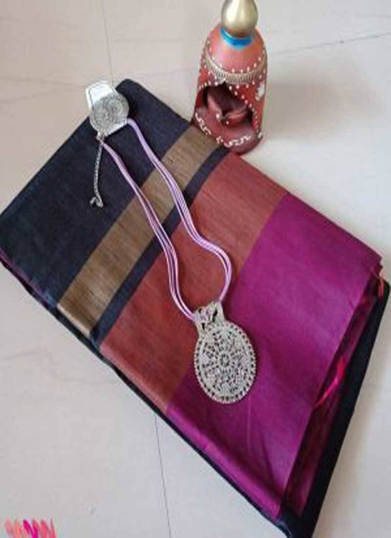 Black Hand Woven Faux Raw Silk Saree With Blouse