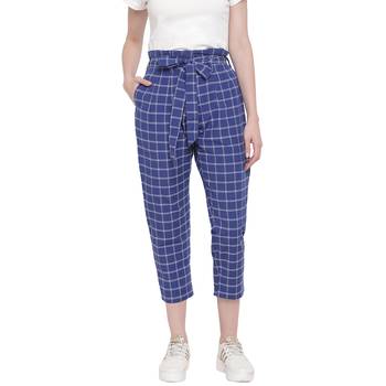 handloom cotton blue window pane cropped pants with belt 1