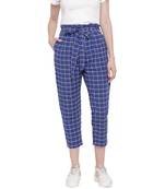 handloom cotton blue window pane cropped pants with belt