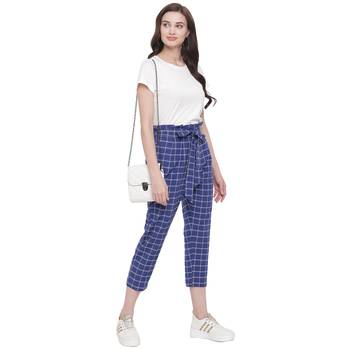 handloom cotton blue window pane cropped pants with belt 2