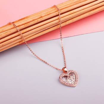 Unique Rose Gold Diamond Heart Flower Pendent Neckless 18 Inch Chain For Girls And Women Jewelry 3