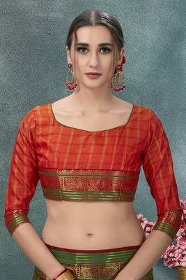 Green plain silk saree with blouse 5