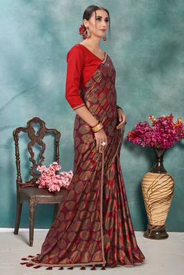Purple plain silk saree with blouse 3