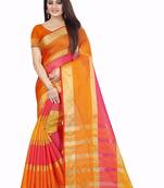 orange and pink cotton printed saree with blouse pis
