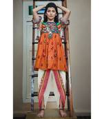 Orange halter neck kedia with hanging latkans and dhoti set