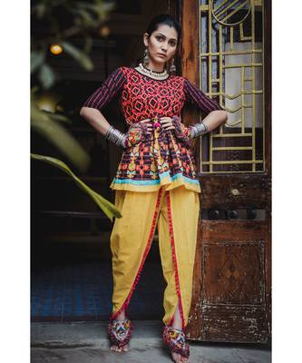 Black stripie floral khadi kedia set with handmade latkan 1