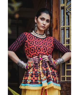 Black stripie floral khadi kedia set with handmade latkan 2