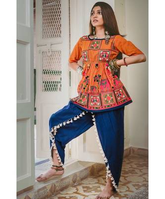 Orange elephant motif kedia set with tulip pants 2