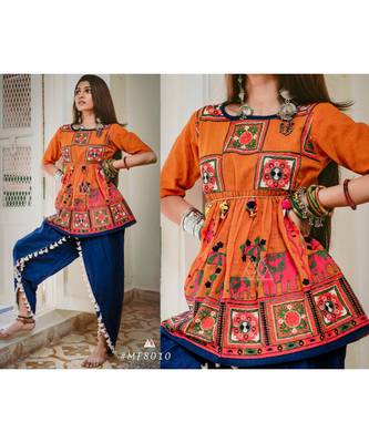 Orange elephant motif kedia set with tulip pants 4