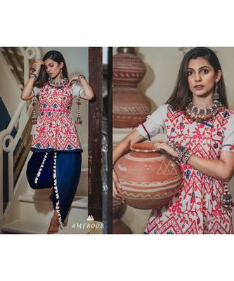 White kedia and tulip pants set with traditional motifs 5