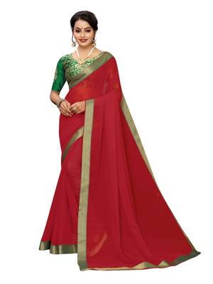 Red plain chiffon saree with blouse 1