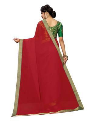 Red plain chiffon saree with blouse 2