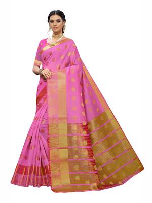 Pink Woven Chanderi Saree With Blouse 1