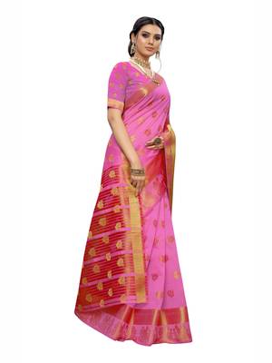 Pink Woven Chanderi Saree With Blouse 3