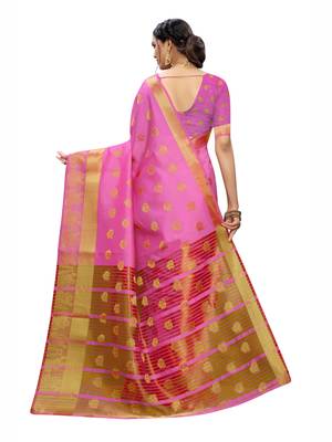 Pink Woven Chanderi Saree With Blouse 4