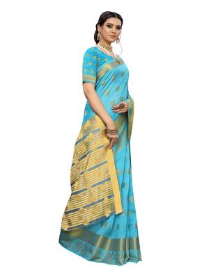 Blue Woven Chanderi Saree With Blouse 3