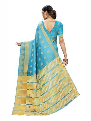 Blue Woven Chanderi Saree With Blouse 4