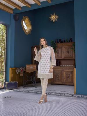 cream embroidered lawn unstitched pakistani kurti 1