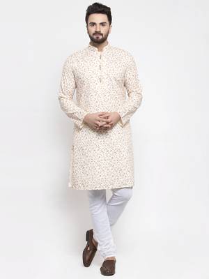Beige Printed Linen Kurta Pajama 1