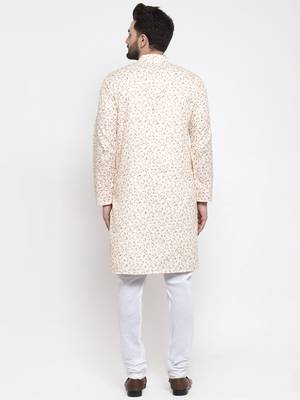 Beige Printed Linen Kurta Pajama 3