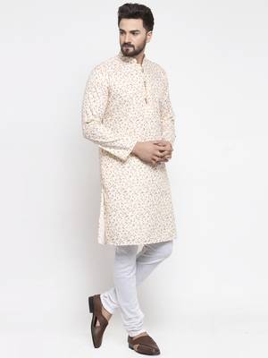 Beige Printed Linen Kurta Pajama 4