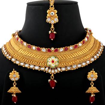 Gold Plated Choker Traditional Self Textured Design Jewellery Set For Girls And Women 1