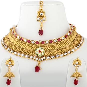 Gold Plated Choker Traditional Self Textured Design Jewellery Set For Girls And Women 2