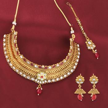 Gold Plated Choker Traditional Self Textured Design Jewellery Set For Girls And Women 3
