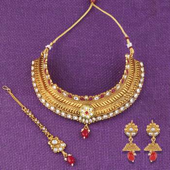 Gold Plated Choker Traditional Self Textured Design Jewellery Set For Girls And Women 4
