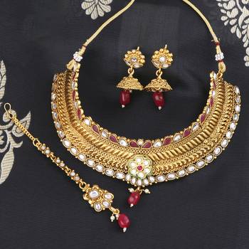 Gold Plated Choker Traditional Self Textured Design Jewellery Set For Girls And Women 5