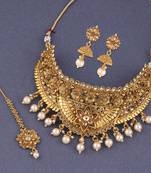 Gold Plated Choker Traditional Textured Hanging With Earring Jewelry Set For Girls And Women