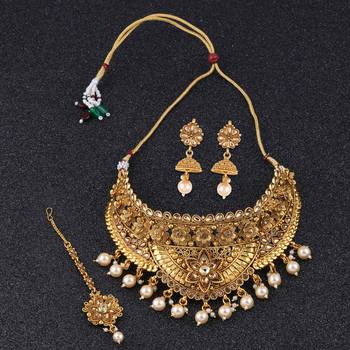 Gold Plated Choker Traditional Textured Hanging With Earring Jewelry Set For Girls And Women 2