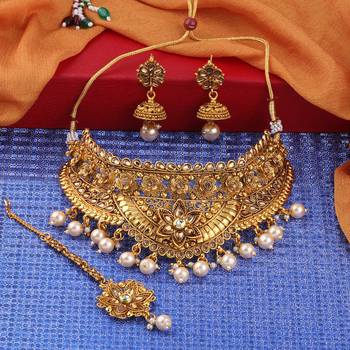 Gold Plated Choker Traditional Textured Hanging With Earring Jewelry Set For Girls And Women 3