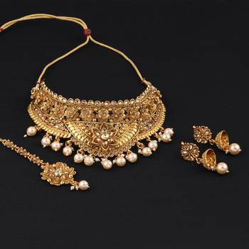 Gold Plated Choker Traditional Textured Hanging With Earring Jewelry Set For Girls And Women 4