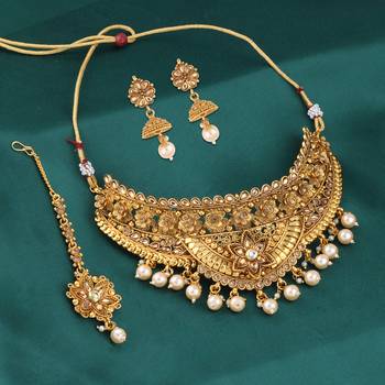 Gold Plated Choker Traditional Textured Hanging With Earring Jewelry Set For Girls And Women 5