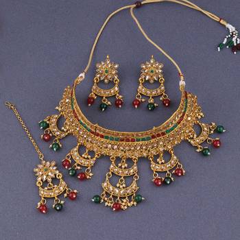 Gold Plated Choker  Traditional Royal Queen Green And Red Stone Studded For Girls And Women 1
