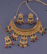 Gold Plated Choker  Traditional Royal Queen Green And Red Stone Studded For Girls And Women
