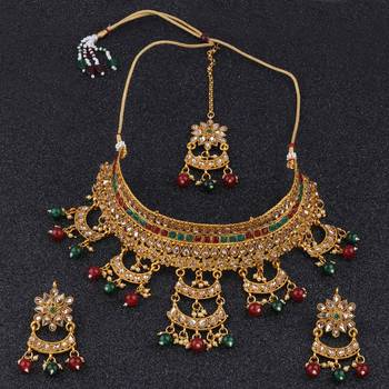 Gold Plated Choker  Traditional Royal Queen Green And Red Stone Studded For Girls And Women 2