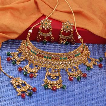 Gold Plated Choker  Traditional Royal Queen Green And Red Stone Studded For Girls And Women 3