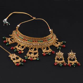 Gold Plated Choker  Traditional Royal Queen Green And Red Stone Studded For Girls And Women 4