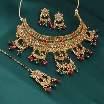 Gold Plated Choker  Traditional Royal Queen Green And Red Stone Studded For Girls And Women 5