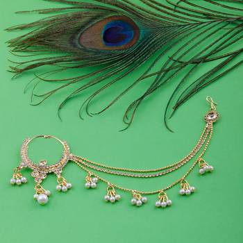 Traditional Gold Plated Diamond Studded Pearl Drop Designer Wedding Nose Ring For Girls And Women Jewellery 1